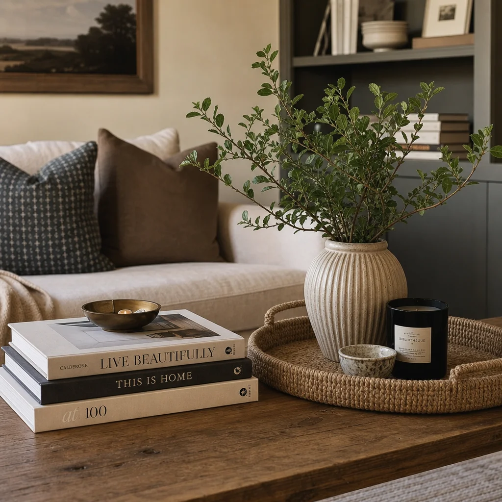 A beautifully styled coffee table in a cozy living room featuring a stack of design books, a ceramic vase with greenery, and a textured tray