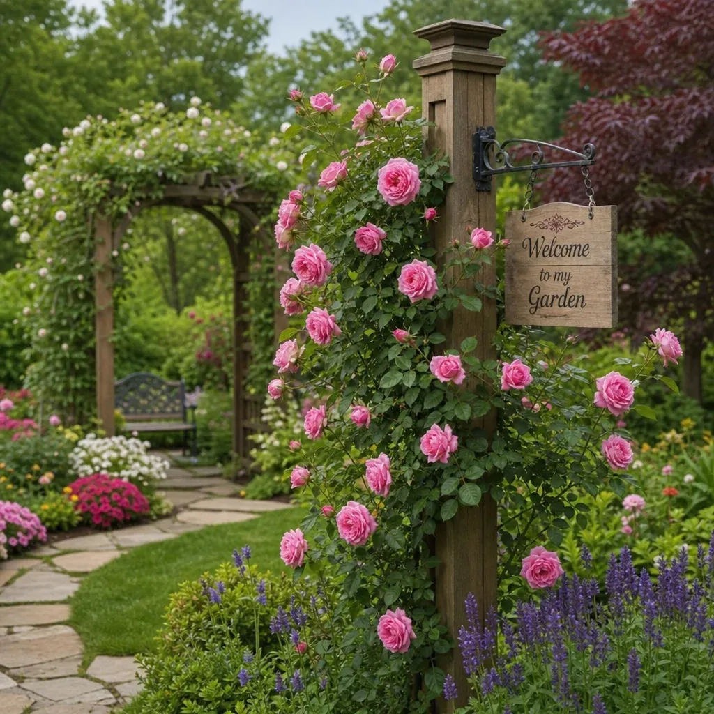 Beautifully landscaped garden featuring a wooden decorative post with climbing roses