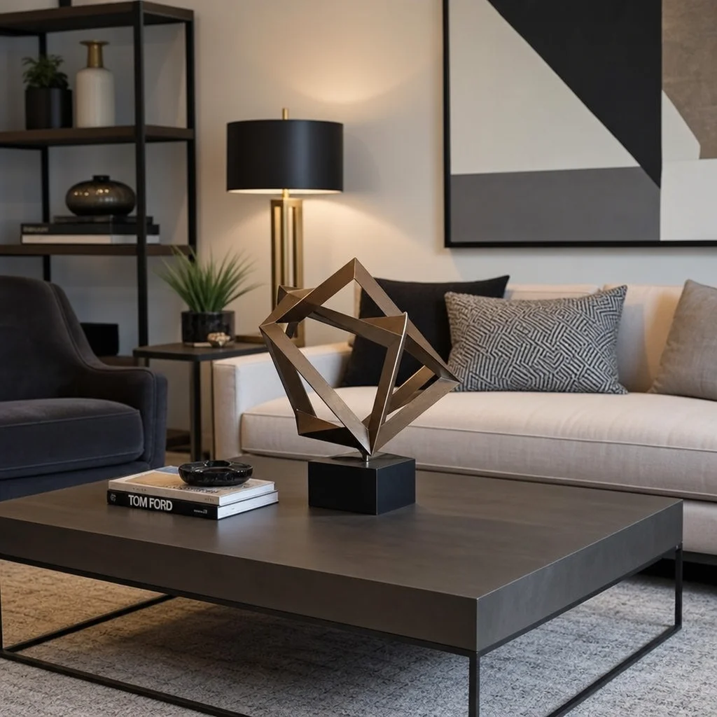 A stylish modern living room featuring a striking geometric sculpture on a coffee table