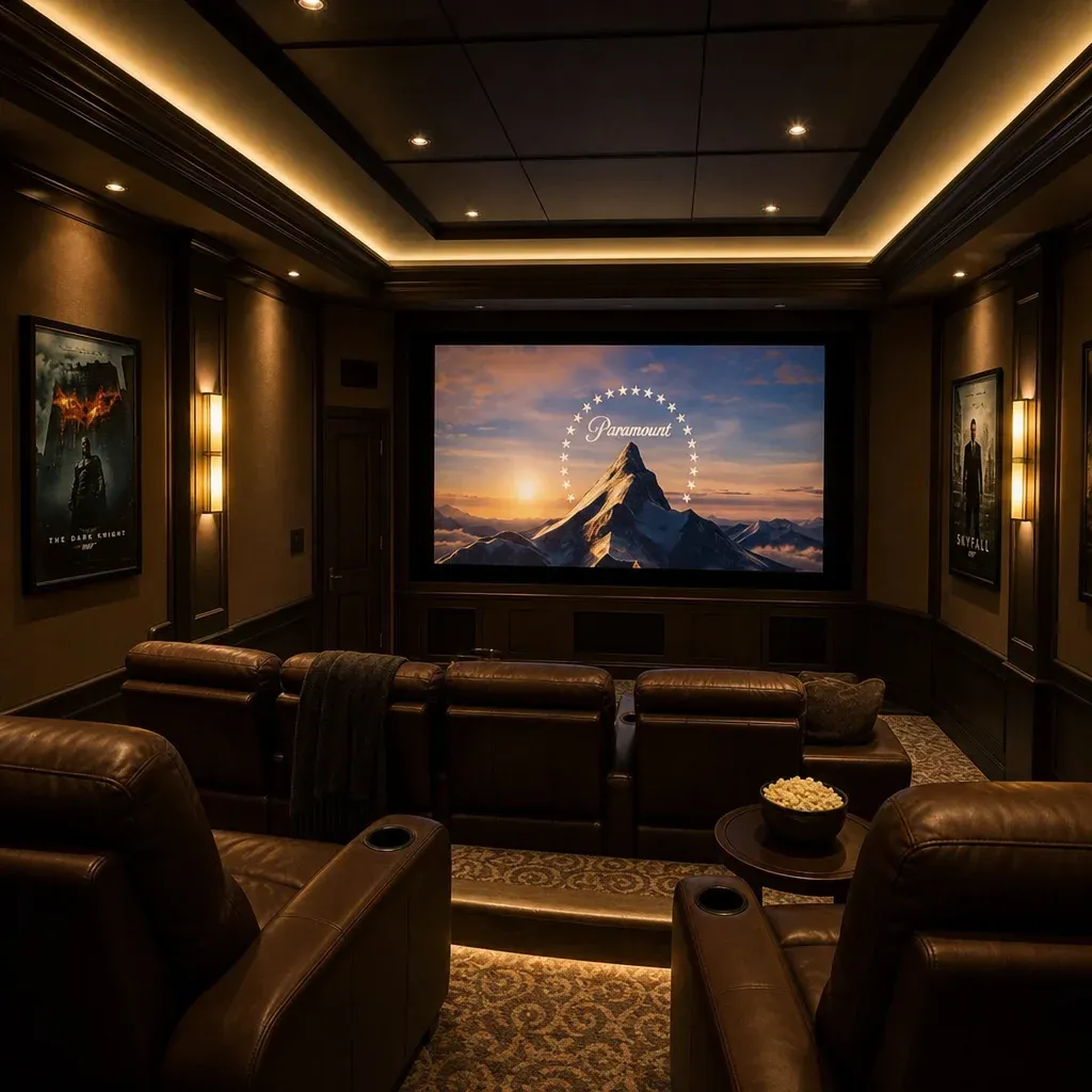 A luxurious home theater room featuring plush seating and ambient lighting