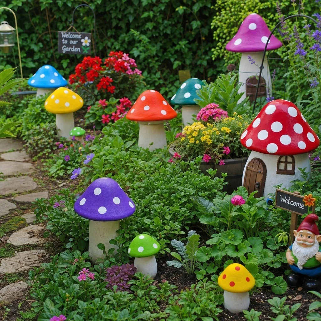 A lush green garden filled with vibrant, whimsical mushroom decorations