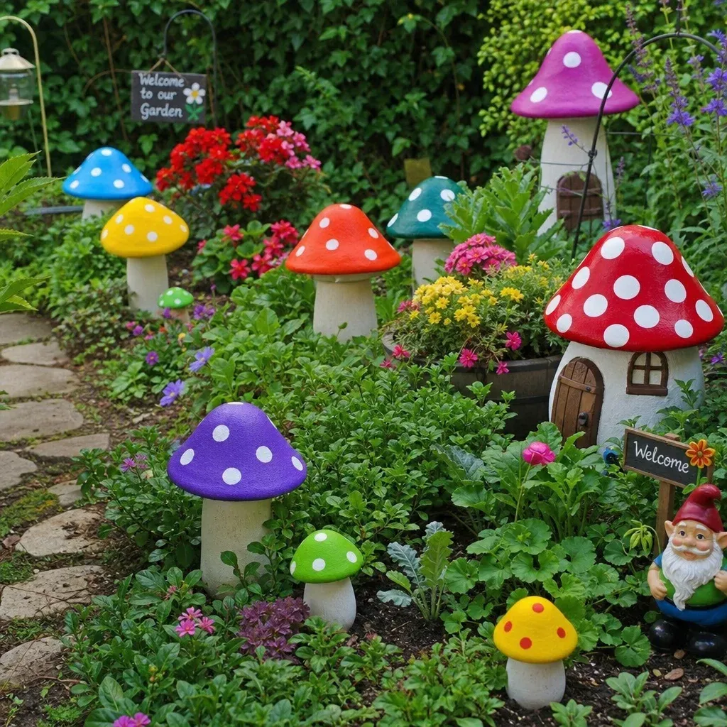 A lush green garden filled with vibrant, whimsical mushroom decorations