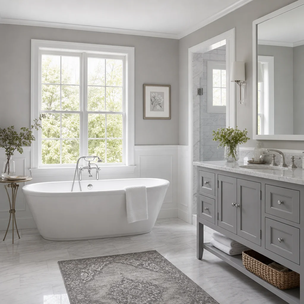 A beautifully lit gray and white bathroom featuring a large soaking tub and natural light