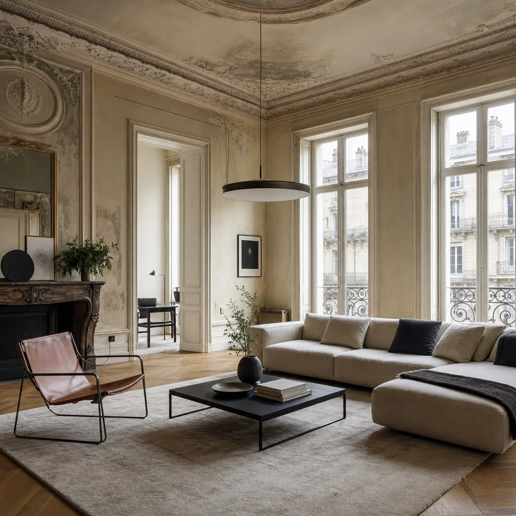A beautifully styled living room blending historic European architecture with modern furniture