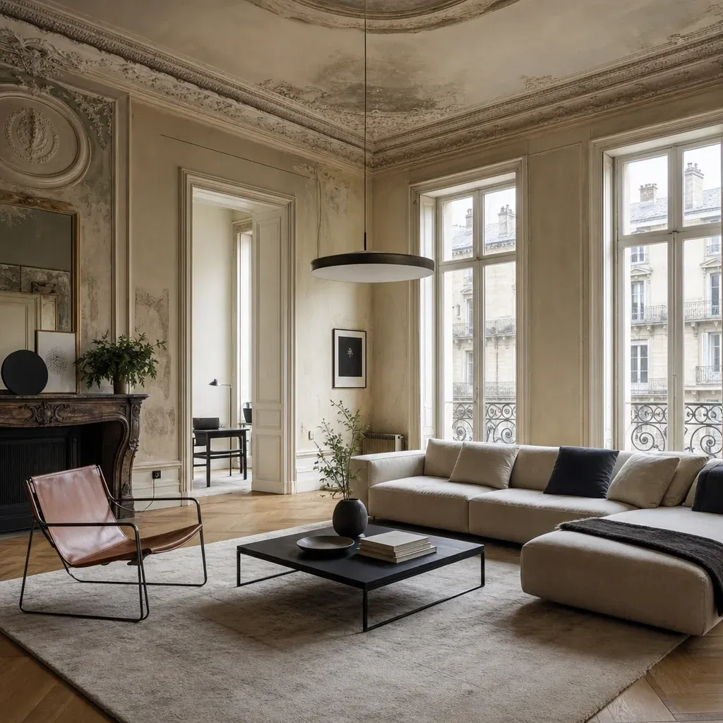 A beautifully styled living room blending historic European architecture with modern furniture