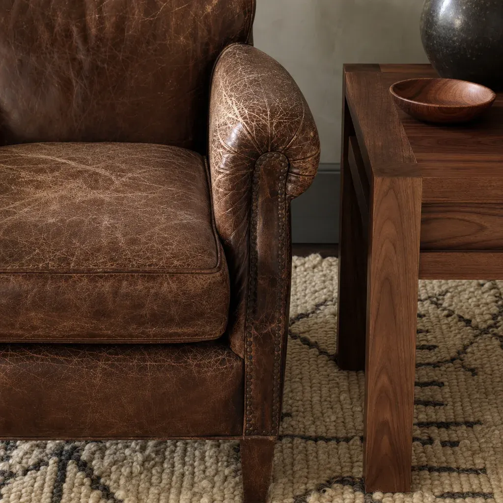 Close up of a distressed leather armchair next to a solid walnut side table and a textured wool rug