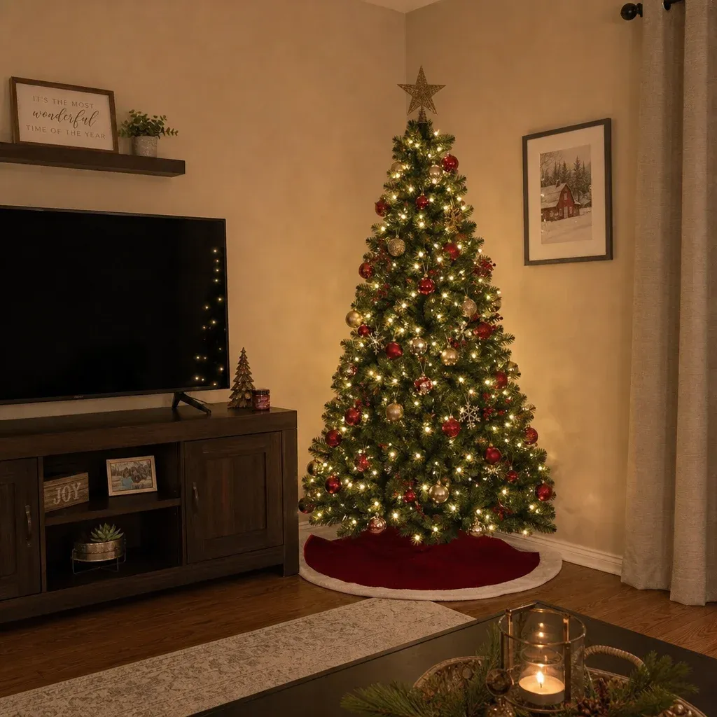A Christmas tree perfectly placed in a living room corner next to a TV console