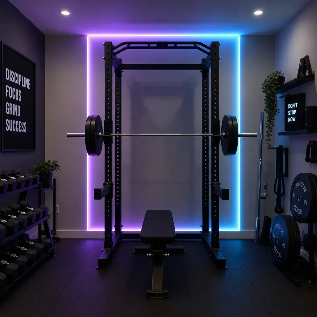 A modern home gym with color-changing smart LED strip lights illuminating a squat rack