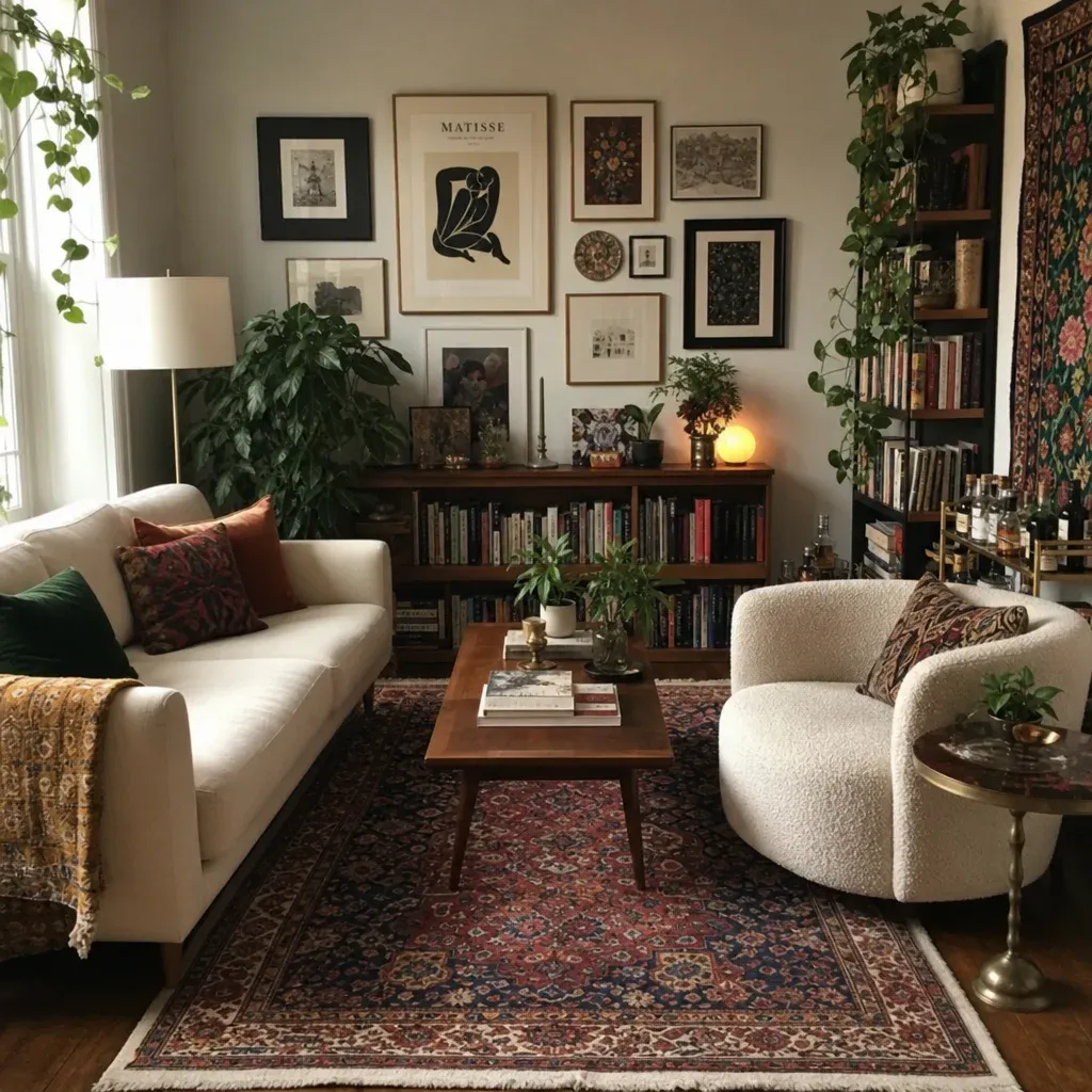 A cozy living room showcasing a blend of minimalist furniture and rich maximalist textures
