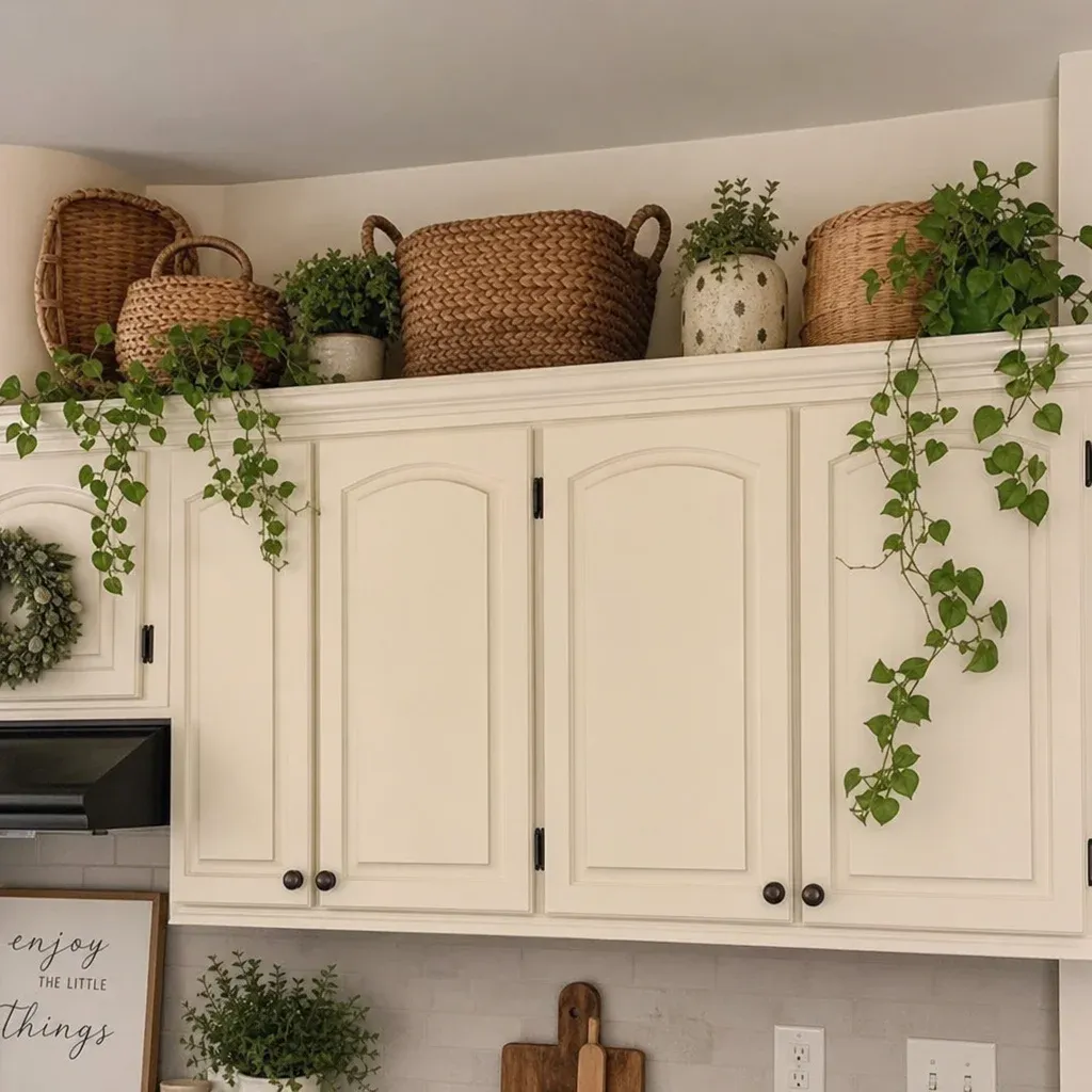 A beautifully decorated space above kitchen cabinets featuring woven baskets and trailing greenery
