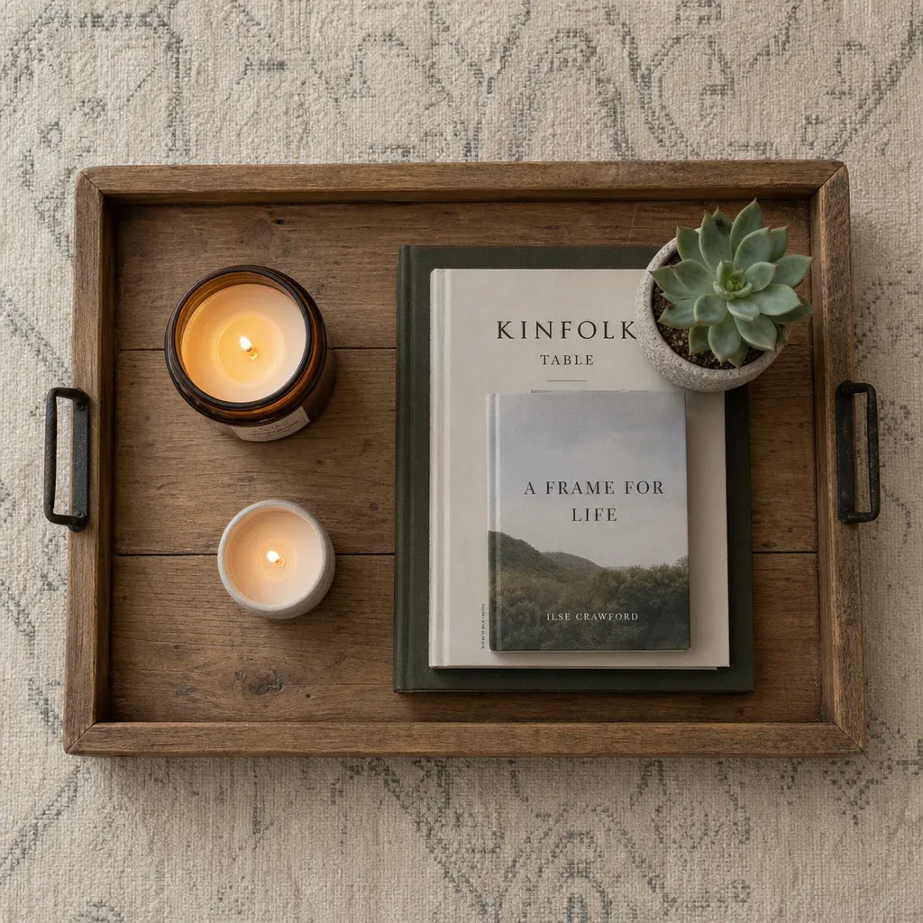 Overhead view of a styled wooden tray holding candles, a stack of art books, and a small potted succulent