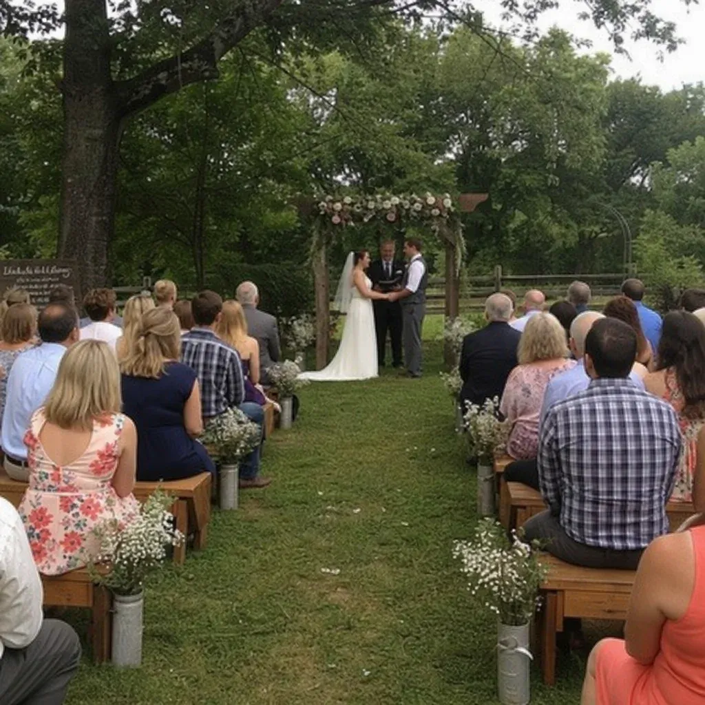 Guests seated on rustic wooden benches at an outdoor garden wedding