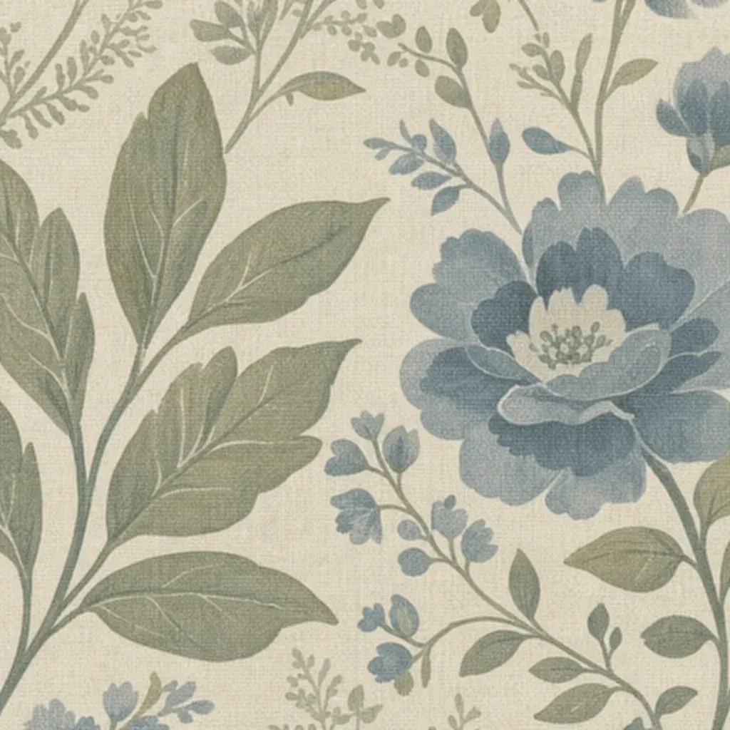 Close-up of a botanical print wallpaper featuring soothing sage green and dusty blue colors