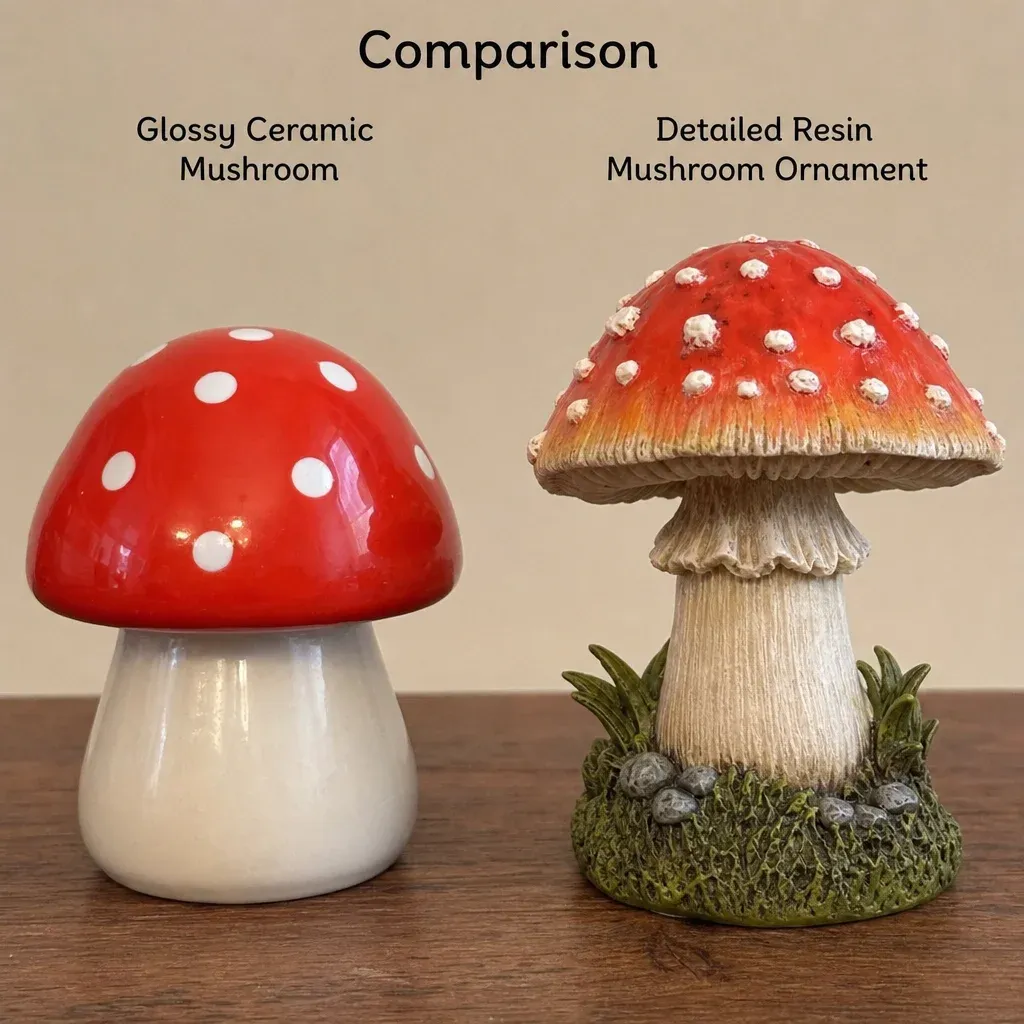Comparison of a glossy ceramic mushroom and a detailed resin mushroom ornament