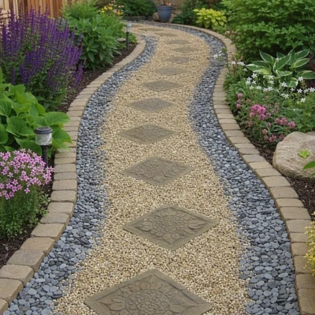 A winding gravel pathway featuring decorative garden stepping stones and slate chippings