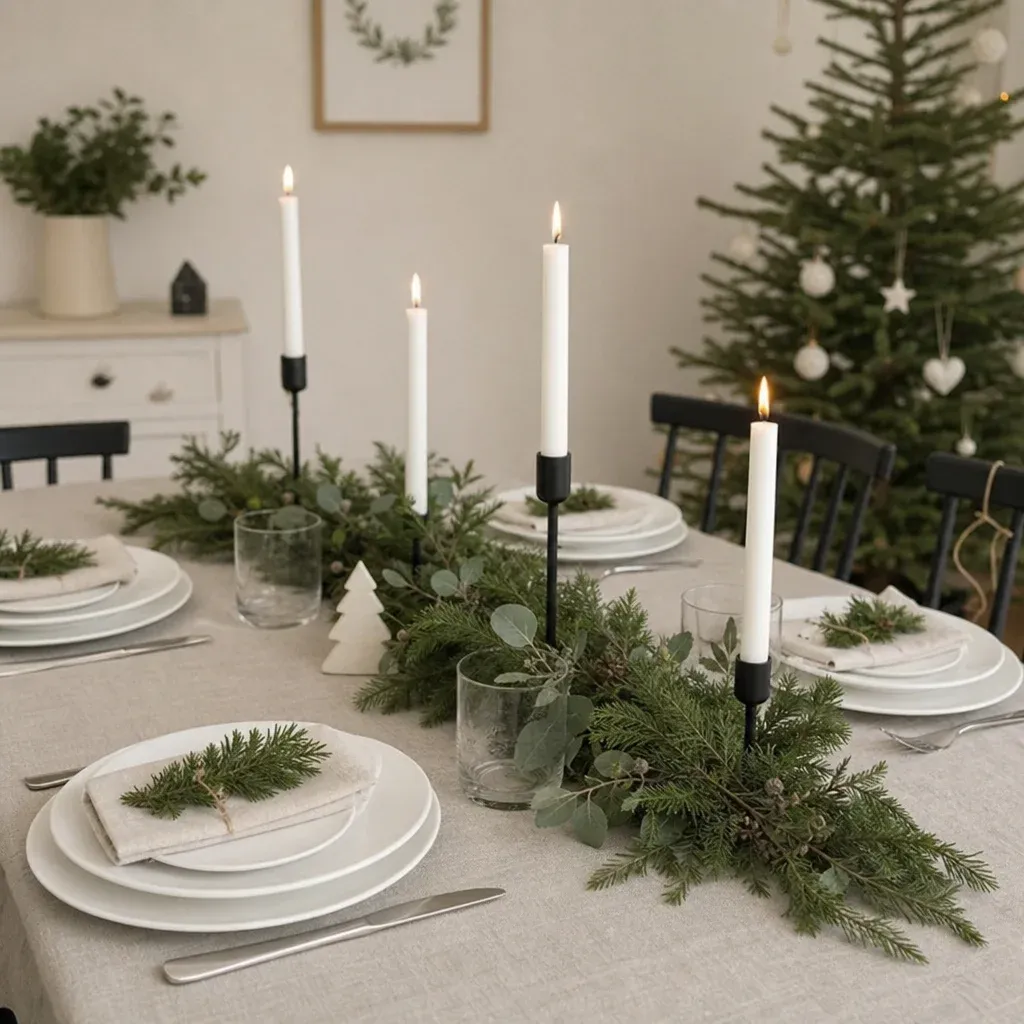 A Scandinavian minimalist Christmas table setting with white plates, simple greenery, and tall white taper candles