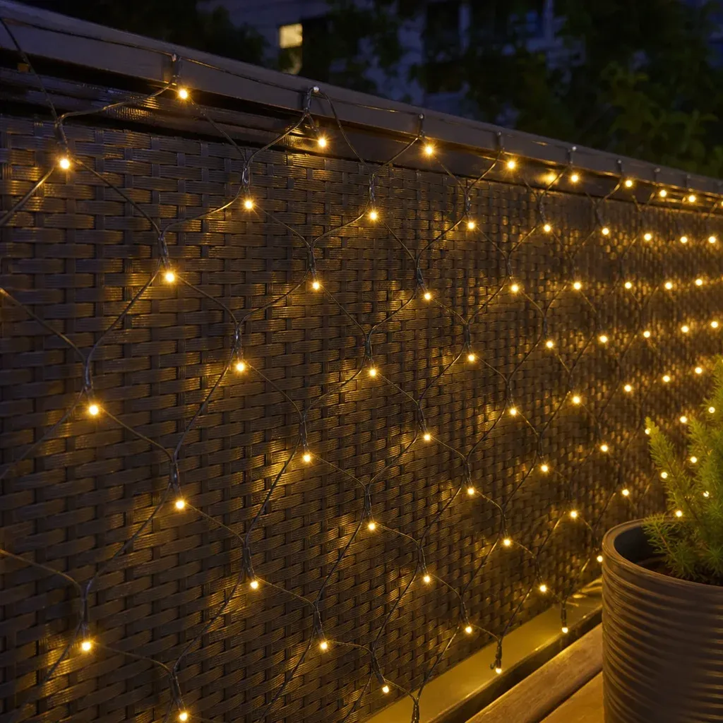 Close-up of weatherproof LED net lights draped elegantly over a balcony privacy screen