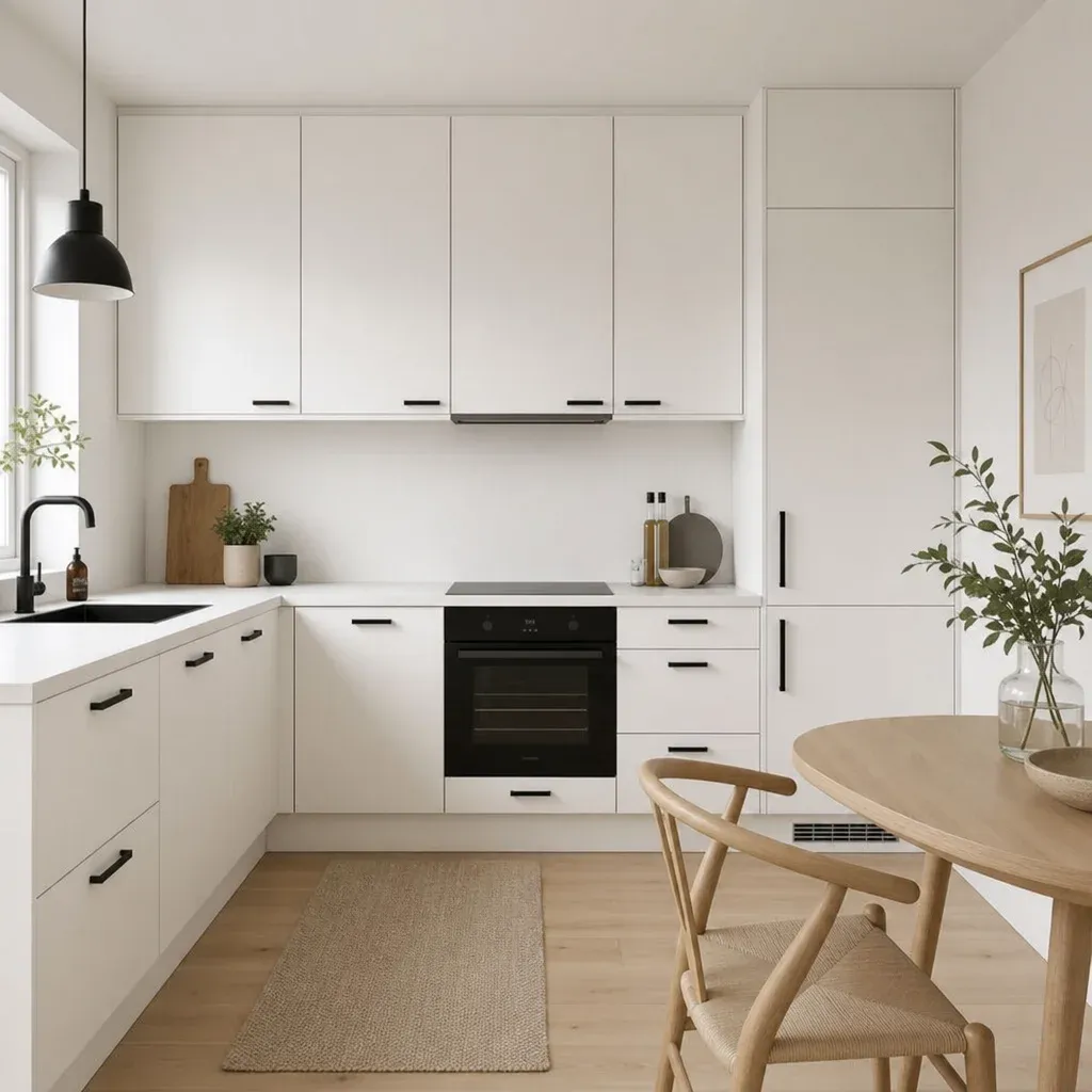 Scandinavian minimalist cooking space with flat-panel white cabinetry, black hardware, and light oak flooring