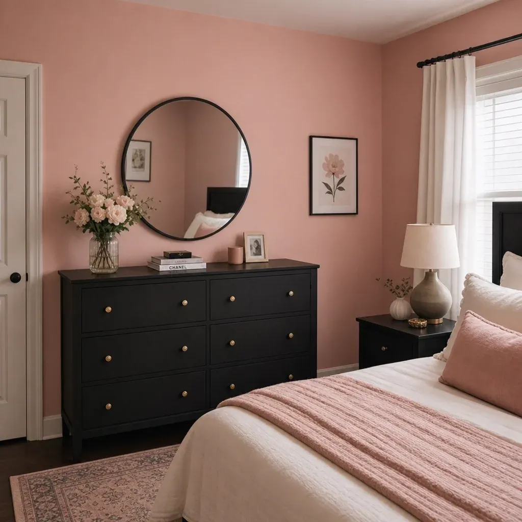 A bedroom showcasing an elegant contrast between blush pink walls and a matte black dresser