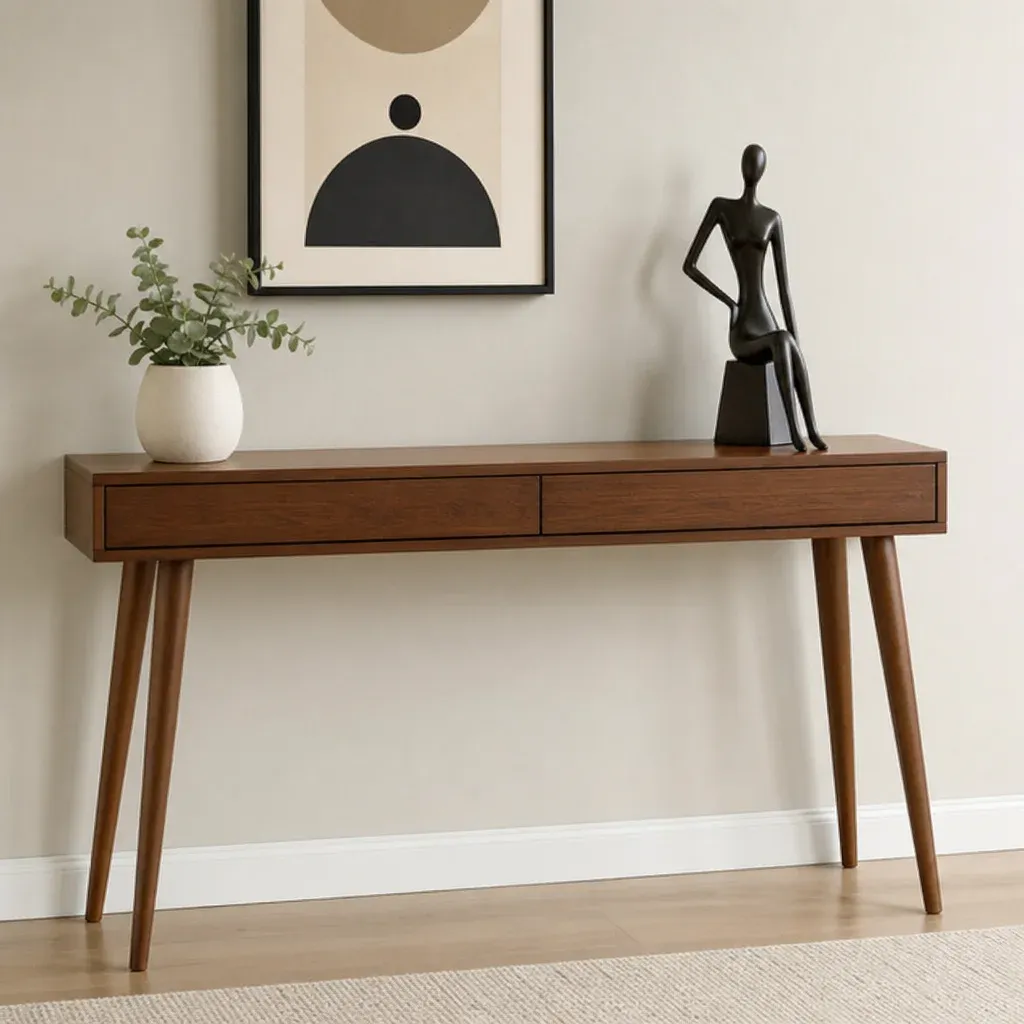 A minimalist console table adorned with a sleek mid-century modern aesthetic figurine