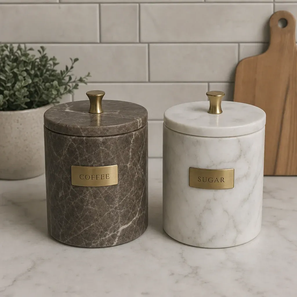 Luxury marble canisters sitting on a kitchen counter holding coffee and sugar