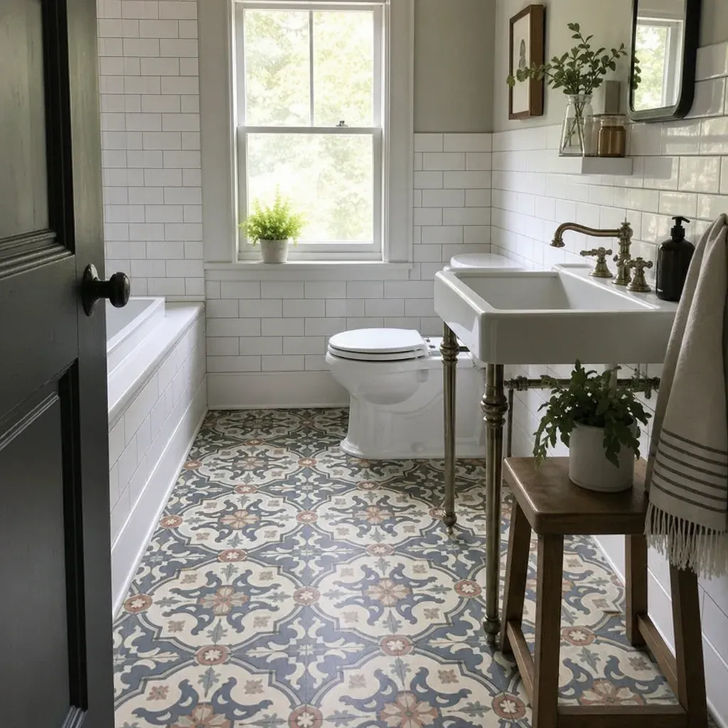 Intricate encaustic floor tiles paired with white subway wall tiles