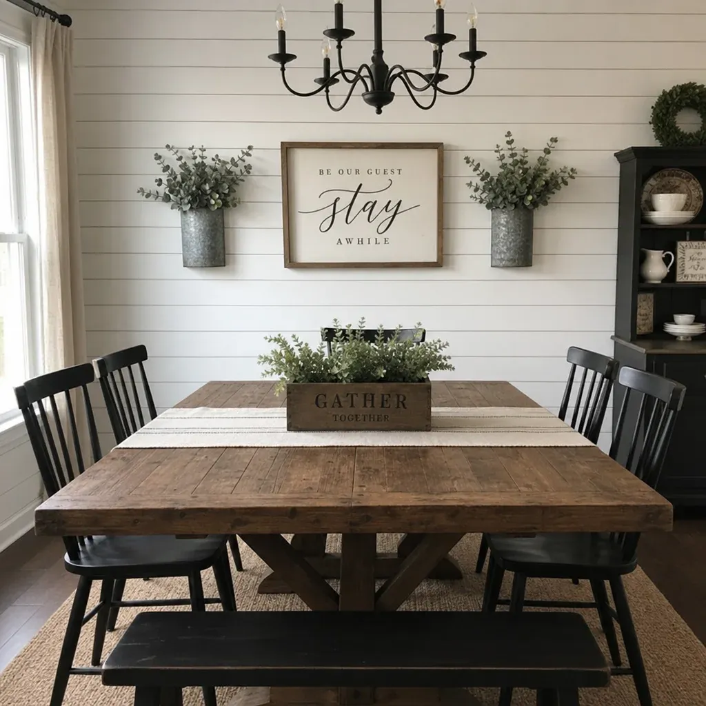 A dining room featuring horizontal white shiplap panels behind a rustic wood table