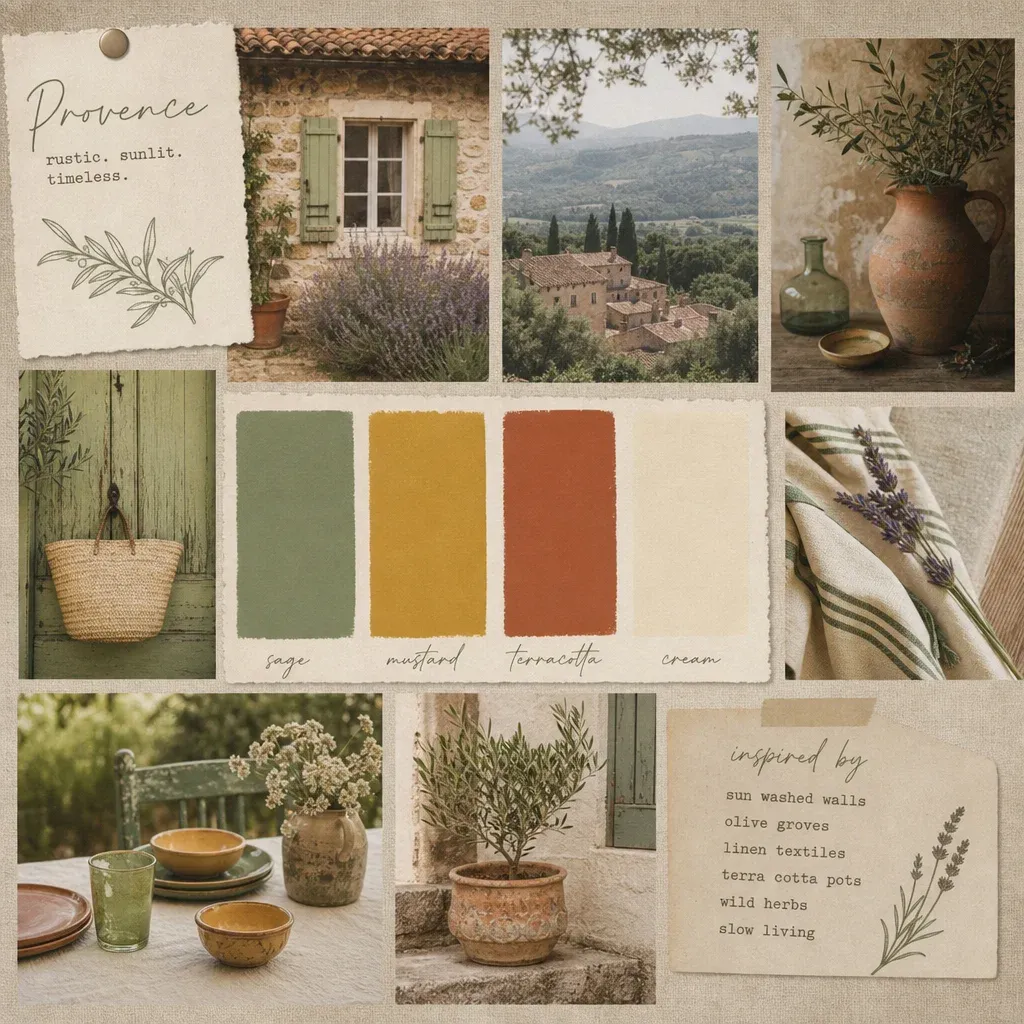 A mood board showcasing a rustic Provence color palette with swatches of sage green, mustard yellow, terracotta, and cream