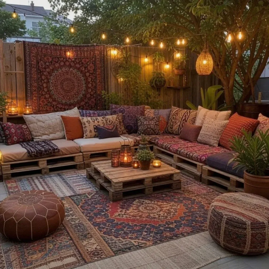 Bohemian seating area with layered outdoor rugs, wooden pallets, and plush cushions