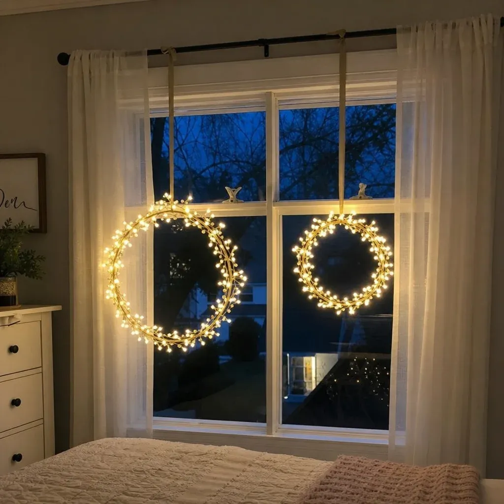 Battery operated LED wreaths hanging in a bedroom window
