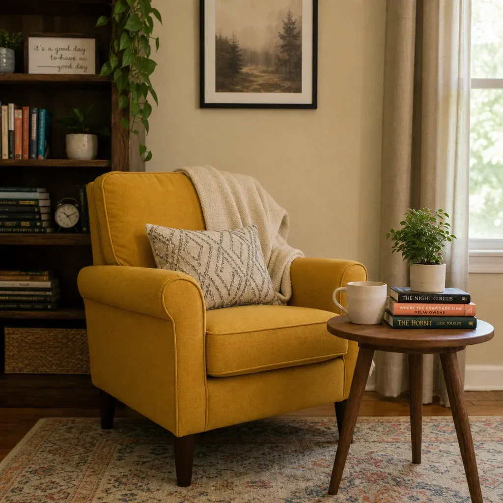 A cozy living room reading nook with a mustard yellow accent chair, a small round wooden side table, and a stack of books