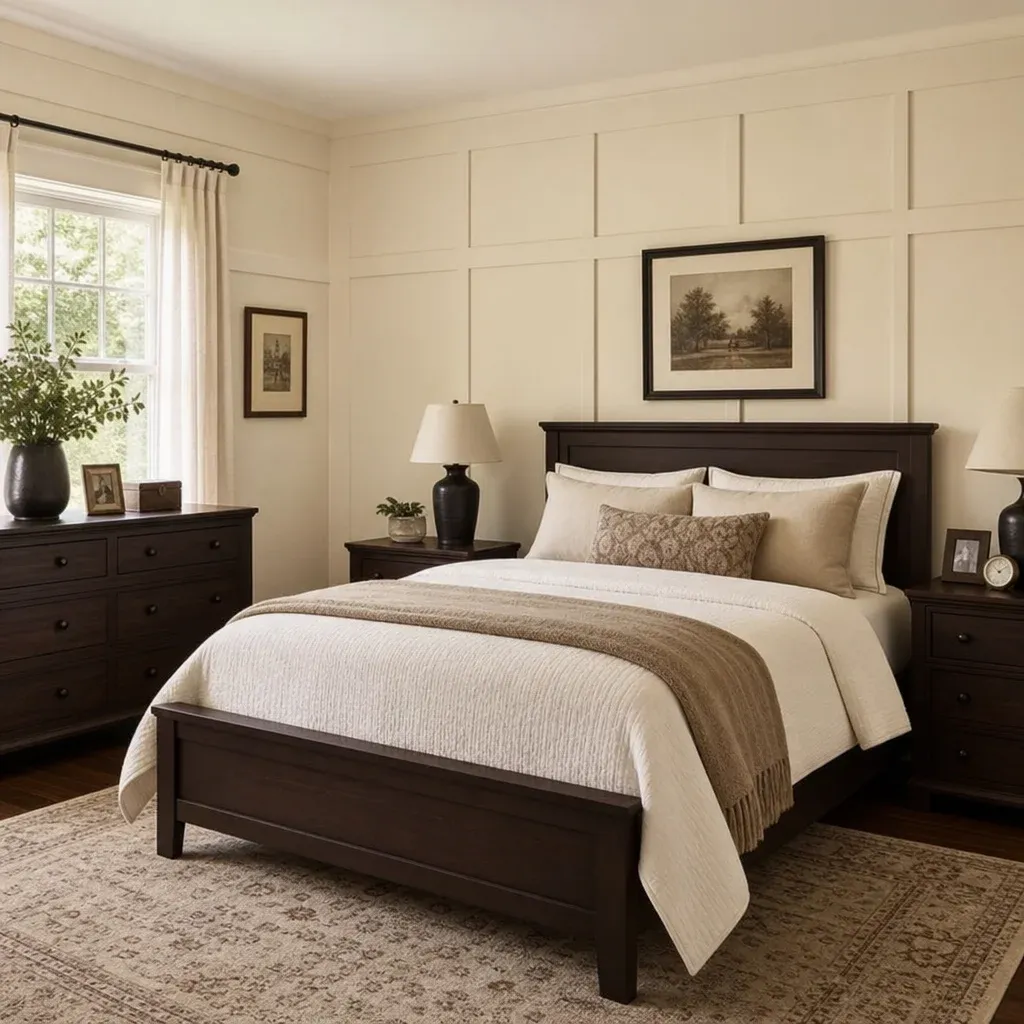 Cream bedroom walls featuring board and batten paneling with dark brown accent furniture