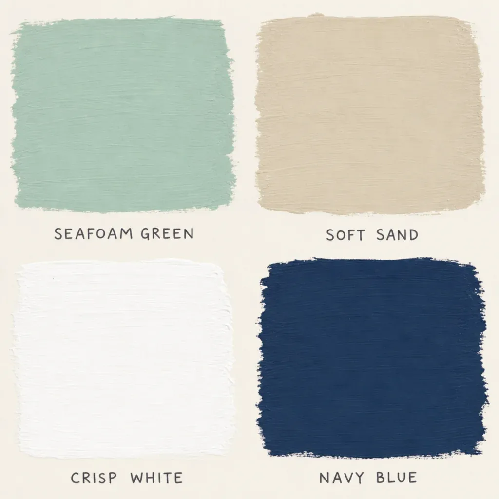 A palette of paint swatches showing seafoam green, soft sand, crisp white, and navy blue