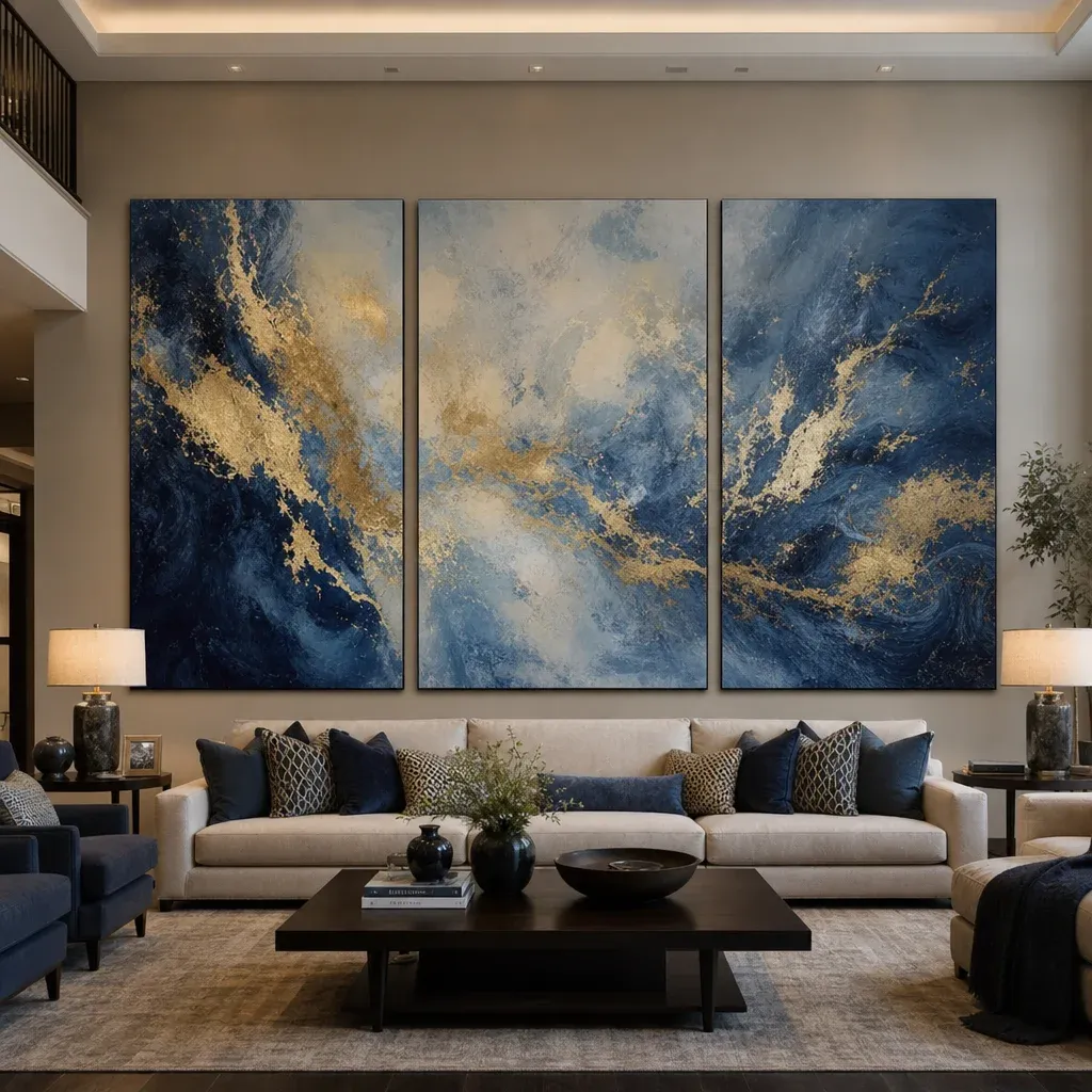 A large living room wall featuring a massive triptych canvas art piece in abstract blue and gold
