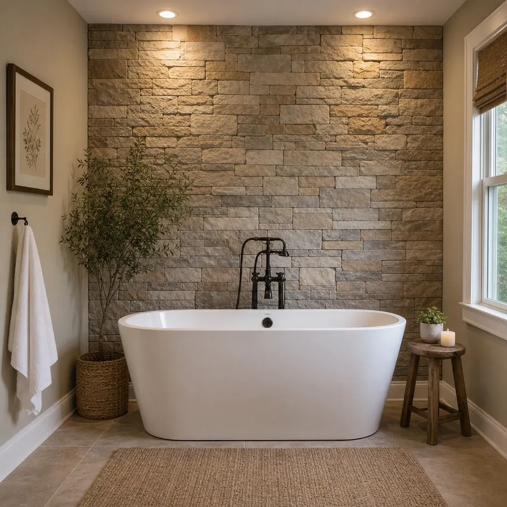 A stone veneer accent wall behind a freestanding bathtub in English