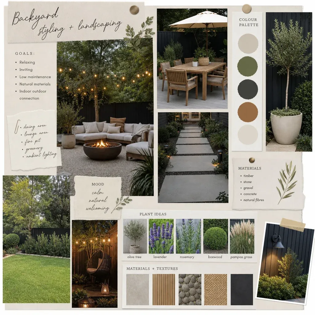Mood board concept for outdoor backyard styling and landscaping