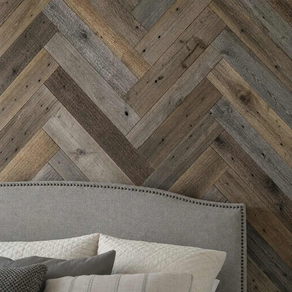 A close-up of a modern reclaimed wood accent wall in a herringbone pattern with a neutral gray upholstered headboard