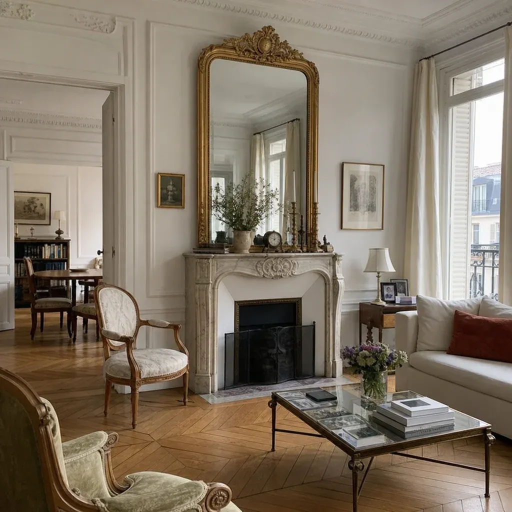 A Parisian living room with herringbone wood floors, a marble fireplace, and a gilded antique mirror