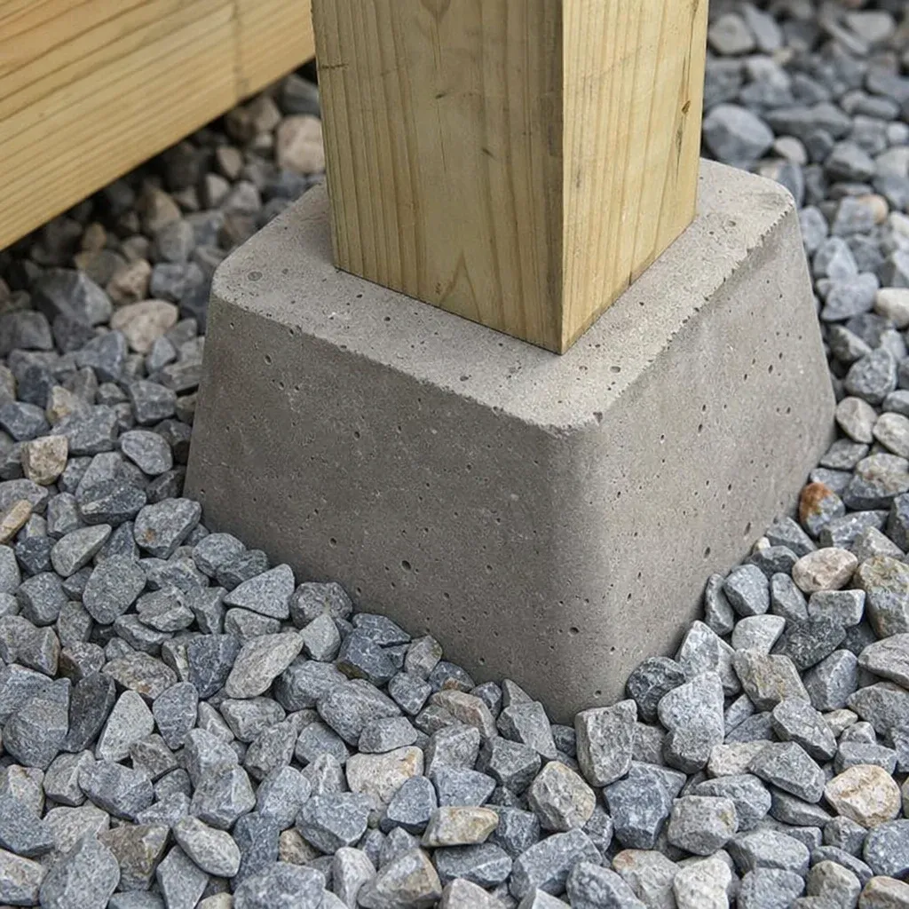 Close up of crushed gravel and concrete footing used for preventing wood rot