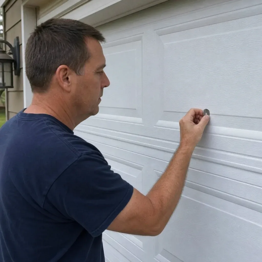 A homeowner testing their garage door surface with a small kitchen magnet
