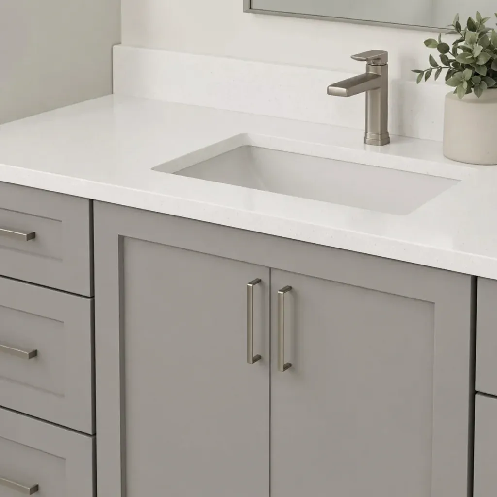 Close up of dove gray vanity cabinets paired with white quartz countertops and a modern sink