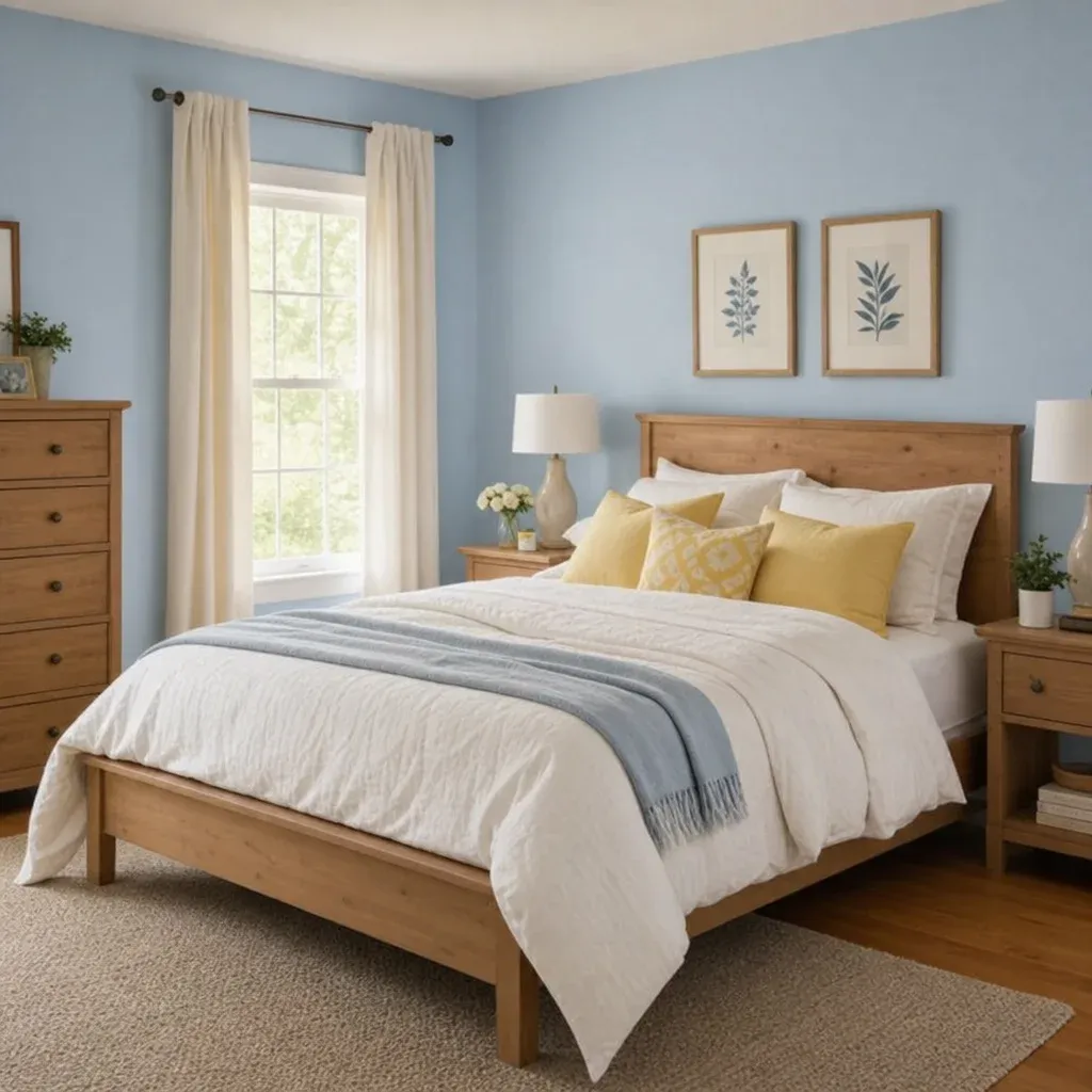 Soft sky blue bedroom walls with butter yellow throw pillows and natural wood furniture