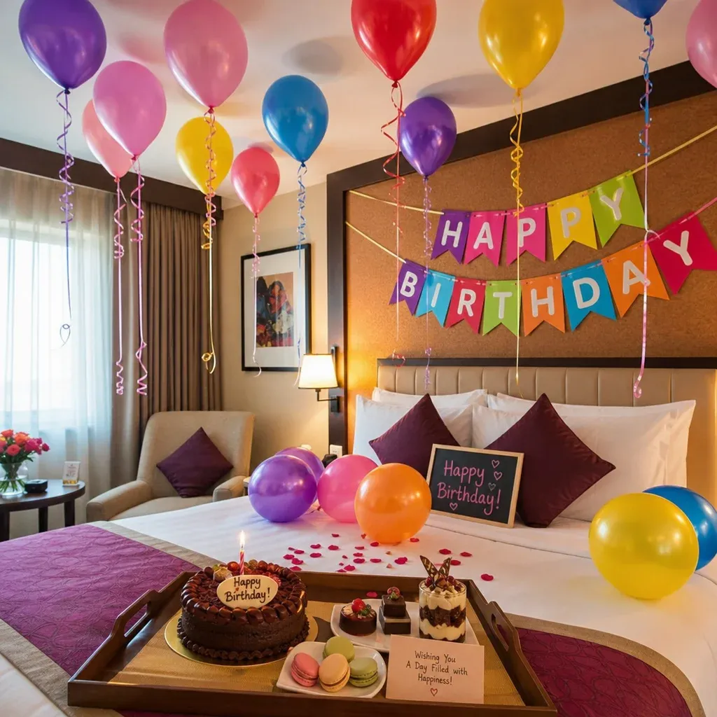 A vibrant hotel room setup for a birthday featuring colorful floating balloons, banners, and a dessert tray