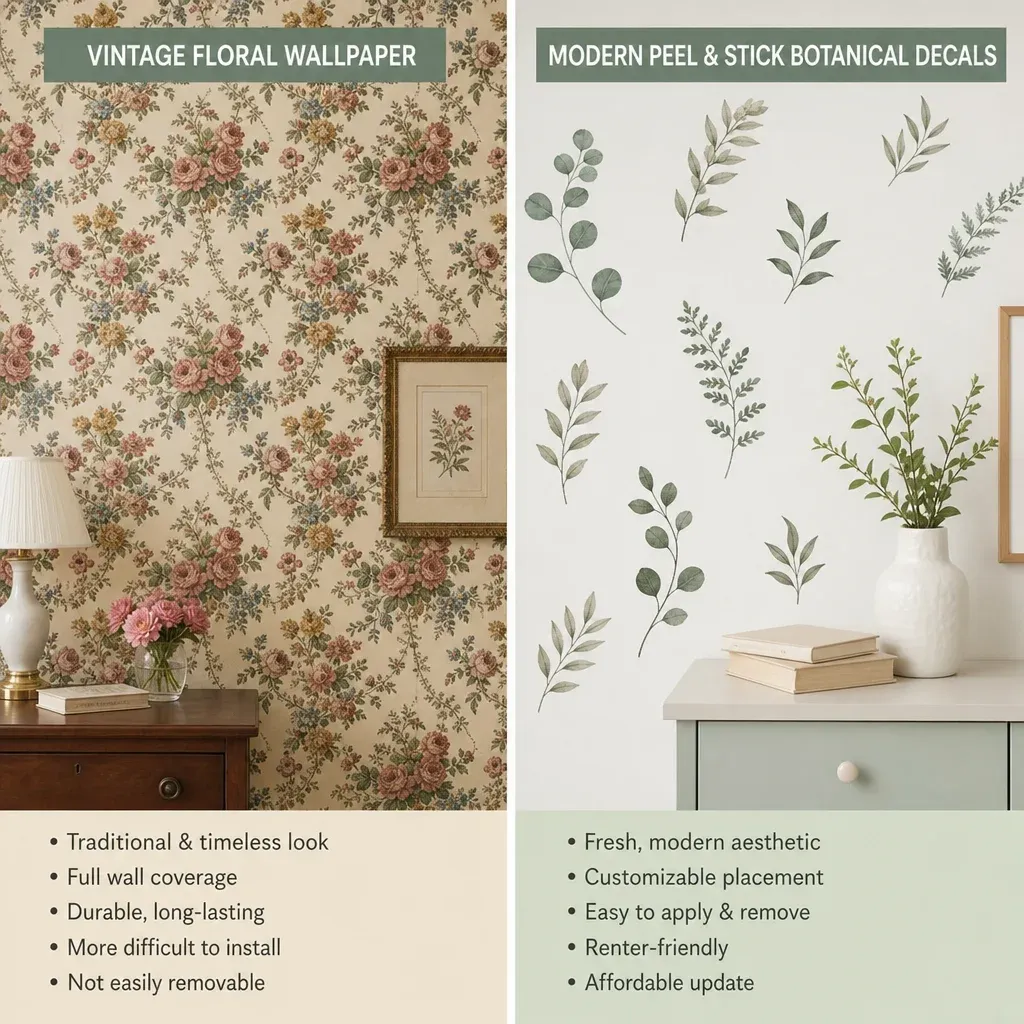 Side-by-side comparison of vintage floral wallpaper and modern peel and stick botanical decals
