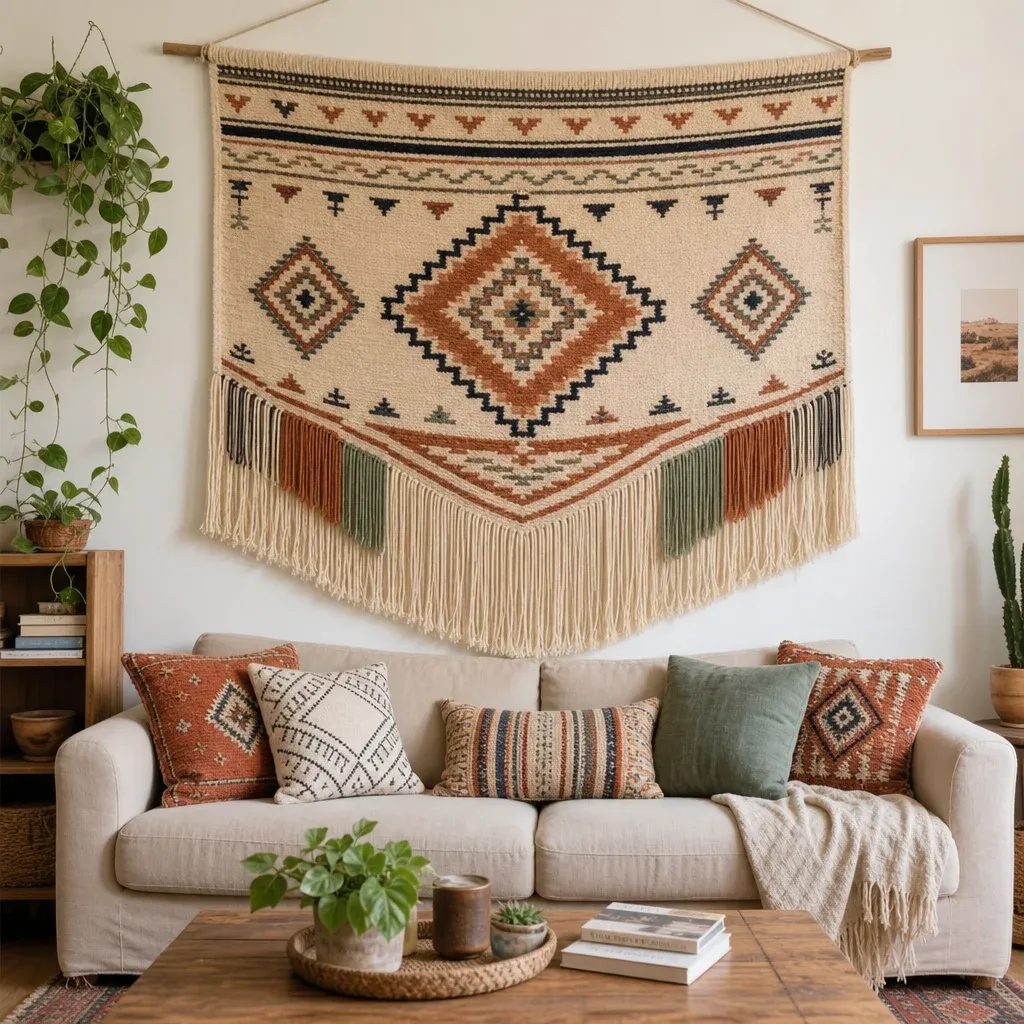 A large bohemian style fringed wall tapestry hanging on a brightly lit living room wall above a sofa
