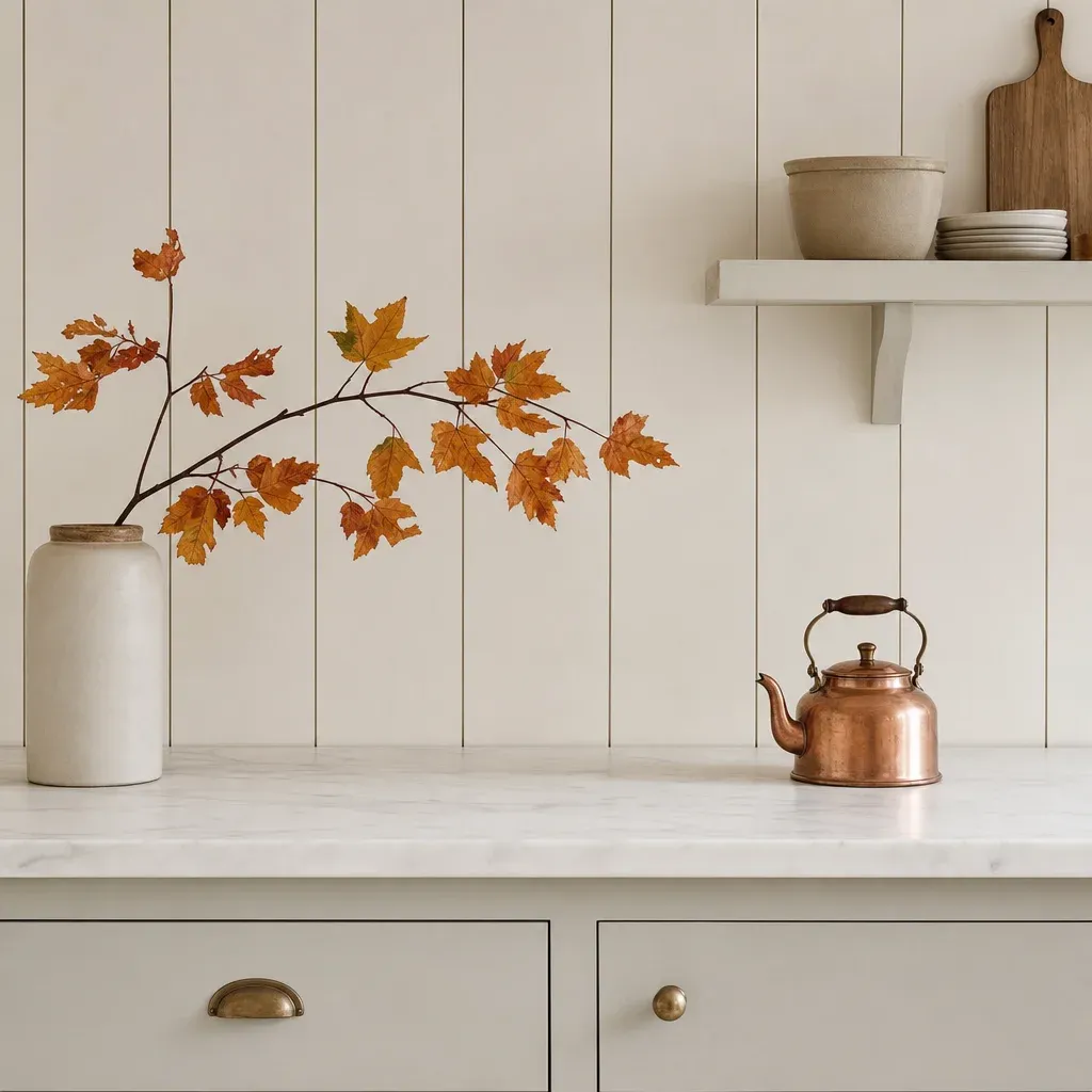 A clean, minimalist kitchen counter styled with a single autumn branch and a small copper kettle