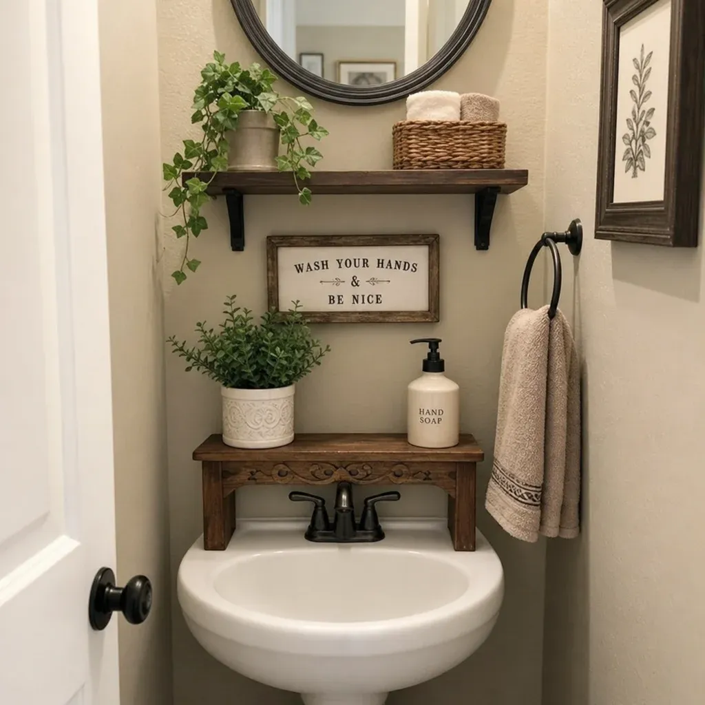 A compact bathroom sink area utilizing vertical space and a decorative wooden riser