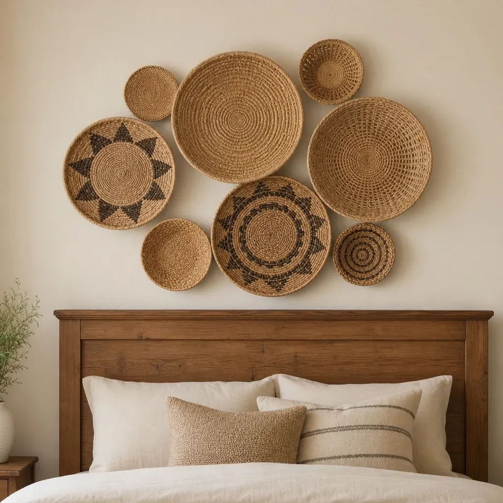 Cluster of woven seagrass baskets arranged creatively above a wooden headboard