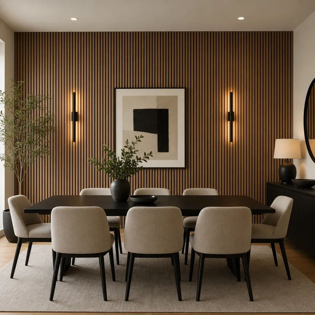 A modern dining room showing a textured acoustic wood slat wall behind a sleek dining table
