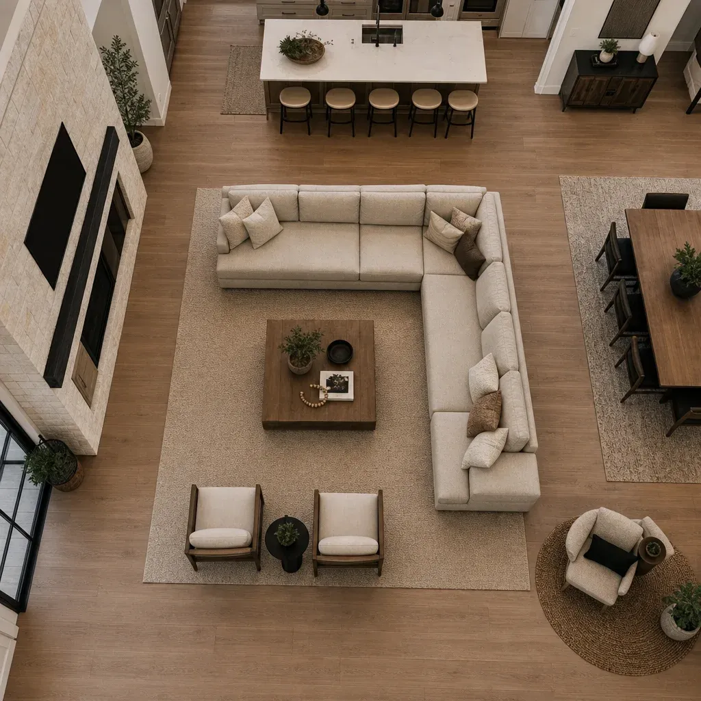Overhead view of a large open-concept living room showing a floating oversized sectional and defined rug zones